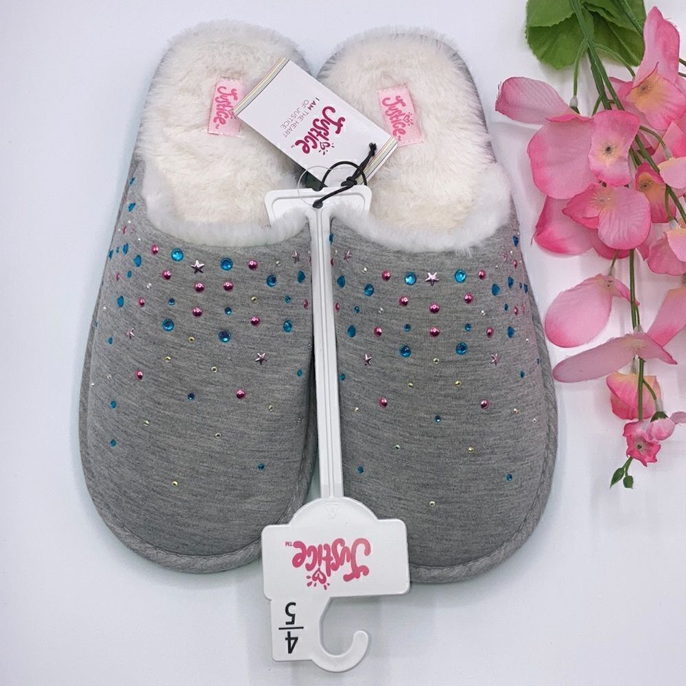 Justice Girls Graphic Slip On Sparkling Scuff Slippers Shoes Size 4/5
